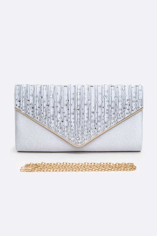 Crystal Pave Pleated Satin Clutch Bag - Blue