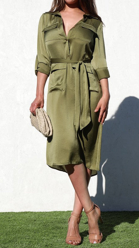 Olive Button Down Satin Dress