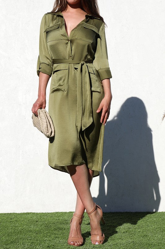 Olive Button Down Satin Dress