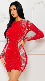 Red Long Sleeve Rhinestone Mini Dress