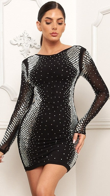 Black Long Sleeve Rhinestone Mini Dress