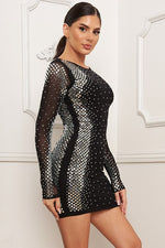 Black Long Sleeve Rhinestone Mini Dress