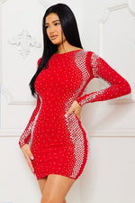 Red Long Sleeve Rhinestone Mini Dress