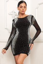 Black Long Sleeve Rhinestone Mini Dress