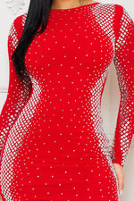 Red Long Sleeve Rhinestone Mini Dress