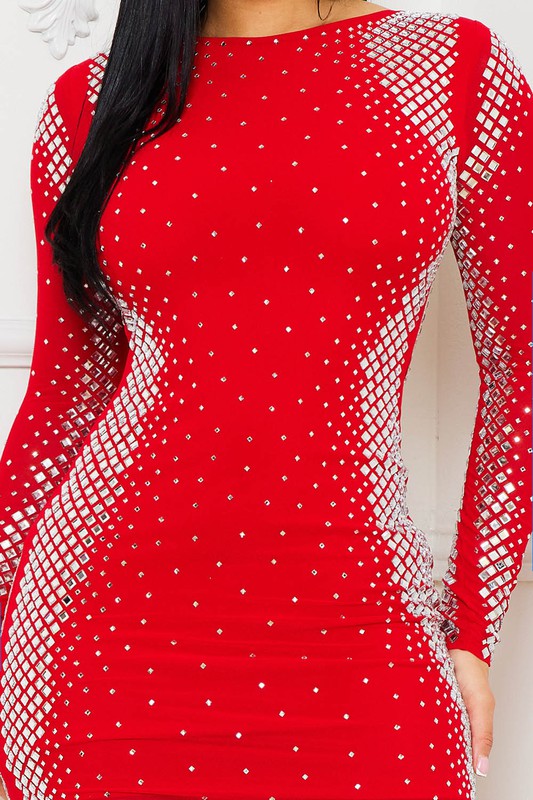 Red Long Sleeve Rhinestone Mini Dress