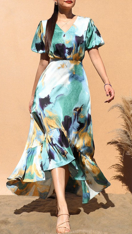 Bubble Sleeve Satin Print Dress