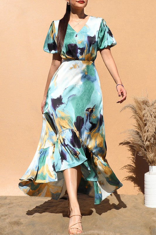 Bubble Sleeve Satin Print Dress