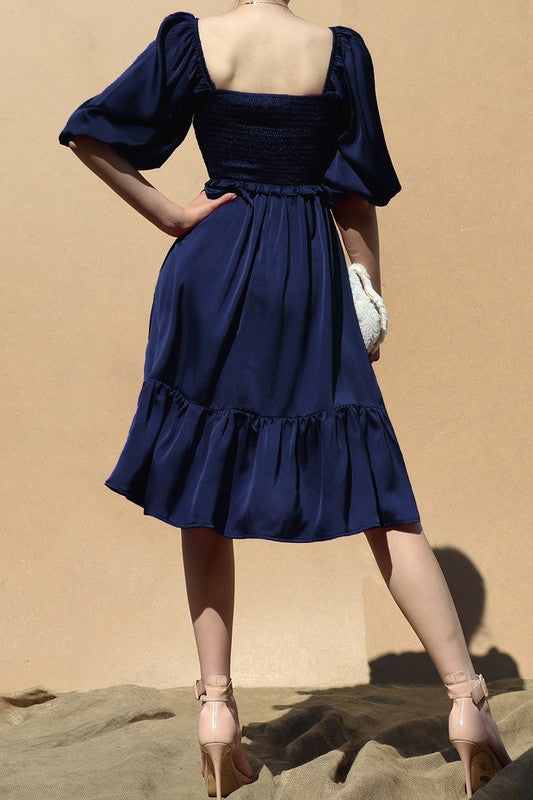 Navy Smocked Satin Dress