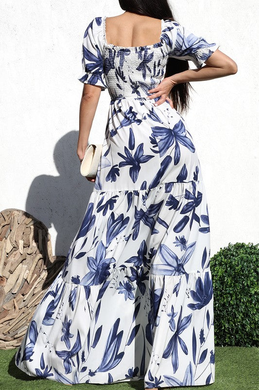 Maxi Floral Print Dress with Smocked Top and Tie