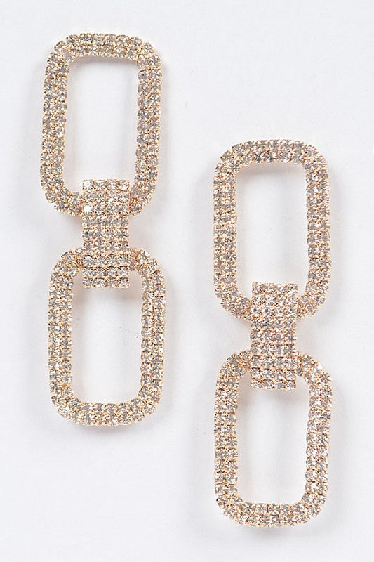 Gold Two Rectangle Shape Rhinestone Earrings