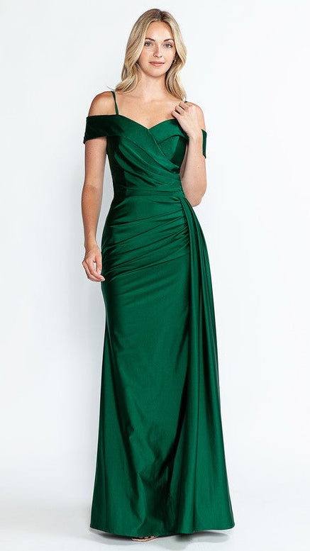 Green Off Shoulder Ruched Long Dress