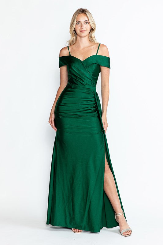 Green Off Shoulder Ruched Long Dress