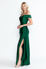 Green Off Shoulder Ruched Long Dress