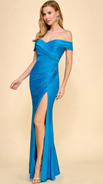 Blue Solid Off Shoulder Maxi Dress