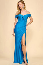 Blue Solid Off Shoulder Maxi Dress