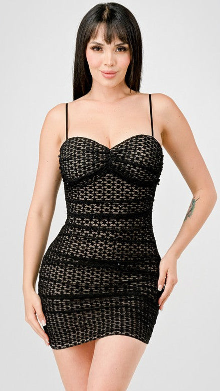 Black Stretch Pearl Crochet Mini Dress