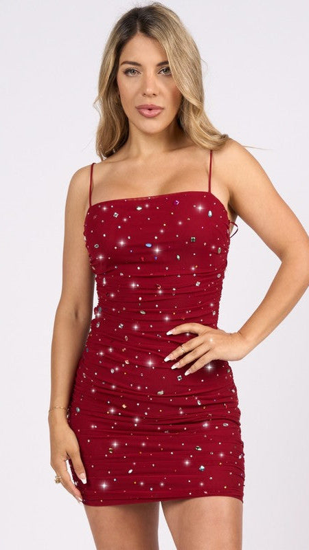 Jeweled Rhinestone Mesh Mini Dress