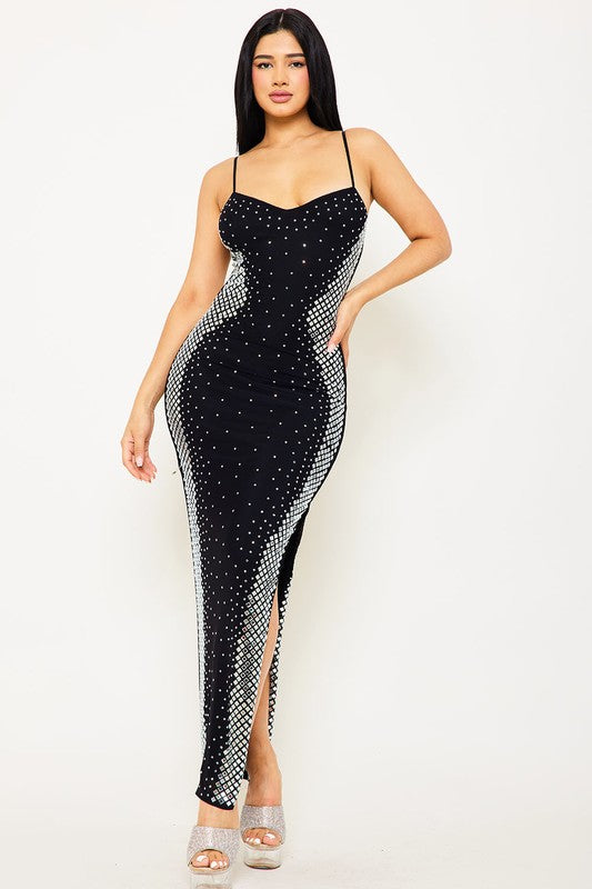 Black Square Rhinestone Long Dress