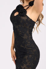 Luxe Rosettes Shoulder Lace Mini Dress