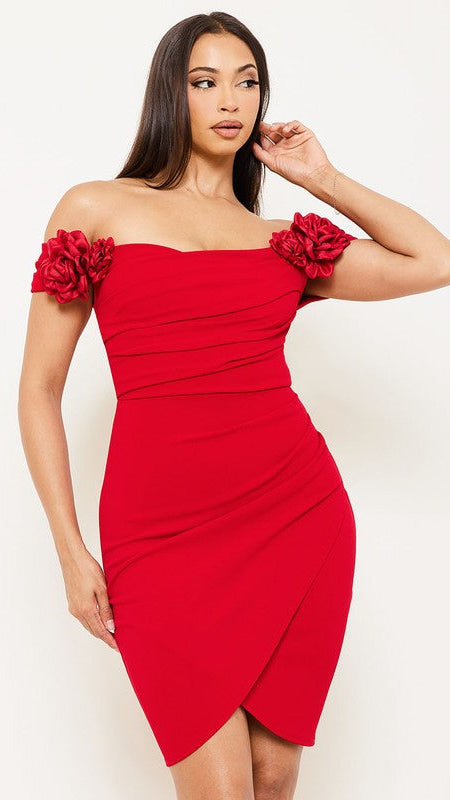 Flower Off Shoulder Red Dress