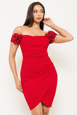 Flower Off Shoulder Red Dress