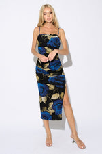 Blue Gold Mix Floral Mesh Midi Dress