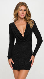 Black Glitter Drape Long Sleeve Mini Dress