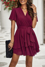 Wine Deep V Neck Tiered Mini Dress With Cross Belt Detail