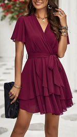 Wine Deep V Neck Tiered Mini Dress With Cross Belt Detail