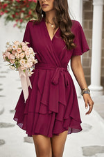 Wine Deep V Neck Tiered Mini Dress With Cross Belt Detail