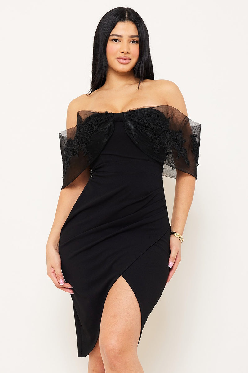 Flower Mesh Off Shoulder Midi Dress