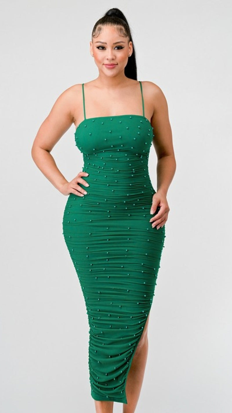 Pearl Mesh Ruched Emerald Midi Dress