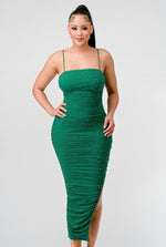 Pearl Mesh Ruched Emerald Midi Dress