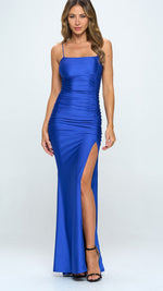 Blue Ruched Slit Mermaid Maxi Dress