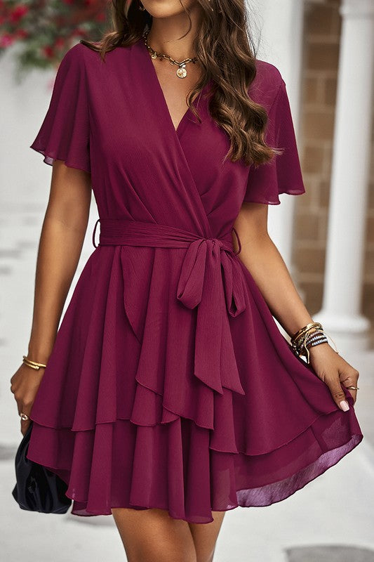 Wine Deep V Neck Tiered Mini Dress With Cross Belt Detail