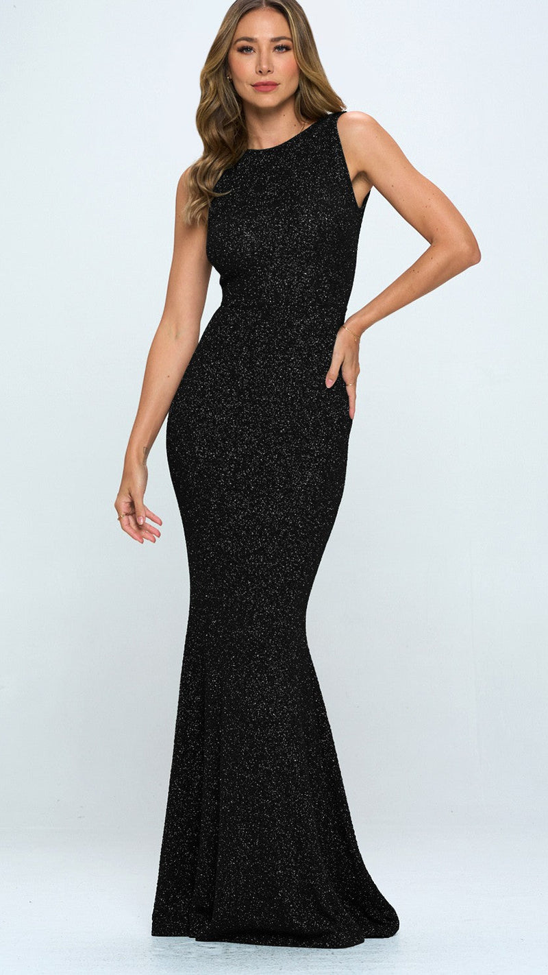 Back Bow Glitter Ruffle Maxi Dress